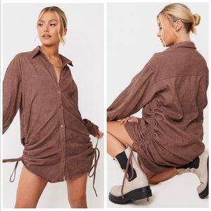 PrettyLittleThing mocha cord side ruched detail shirtdress